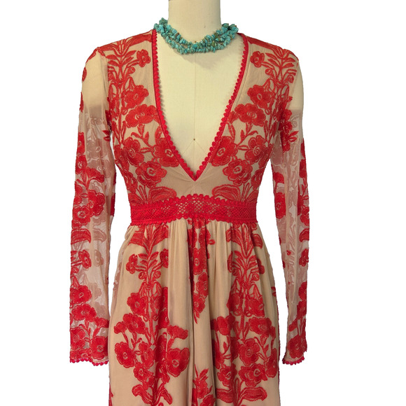 For Love & Lemons Temecula Maxi Dress Size S Red Embroidered Mesh Deep V Neck - Picture 4 of 9